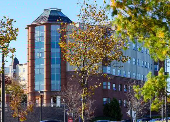 Eastview residence hall on the York Hill Campus on a sunny fall day