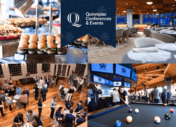 Collage of rental spaces and information for parties at Quinnipiac